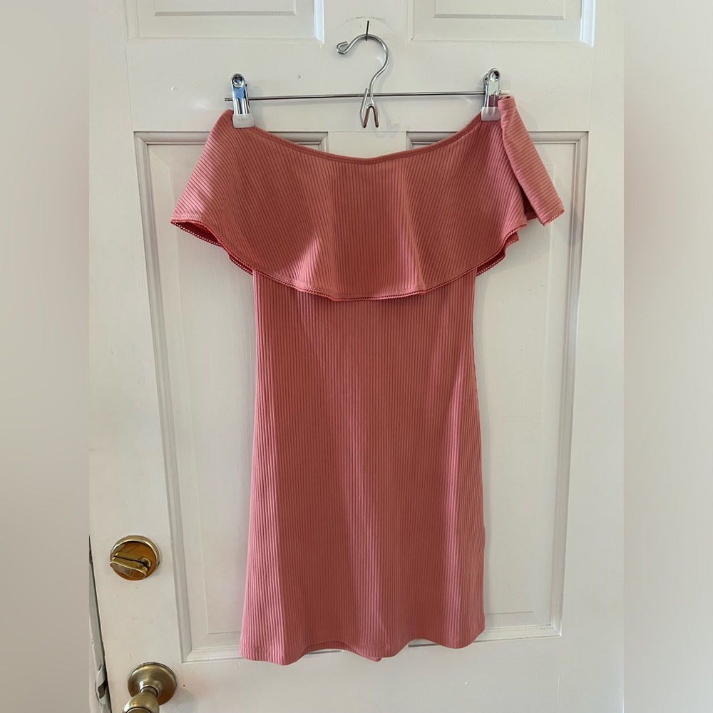 The Reformation pink off shoulder mini dress